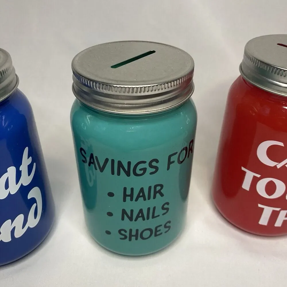 New Piggy Bank Coin Savings Glass Jar Slotted Lid Money Funds Novelty Set Of 3